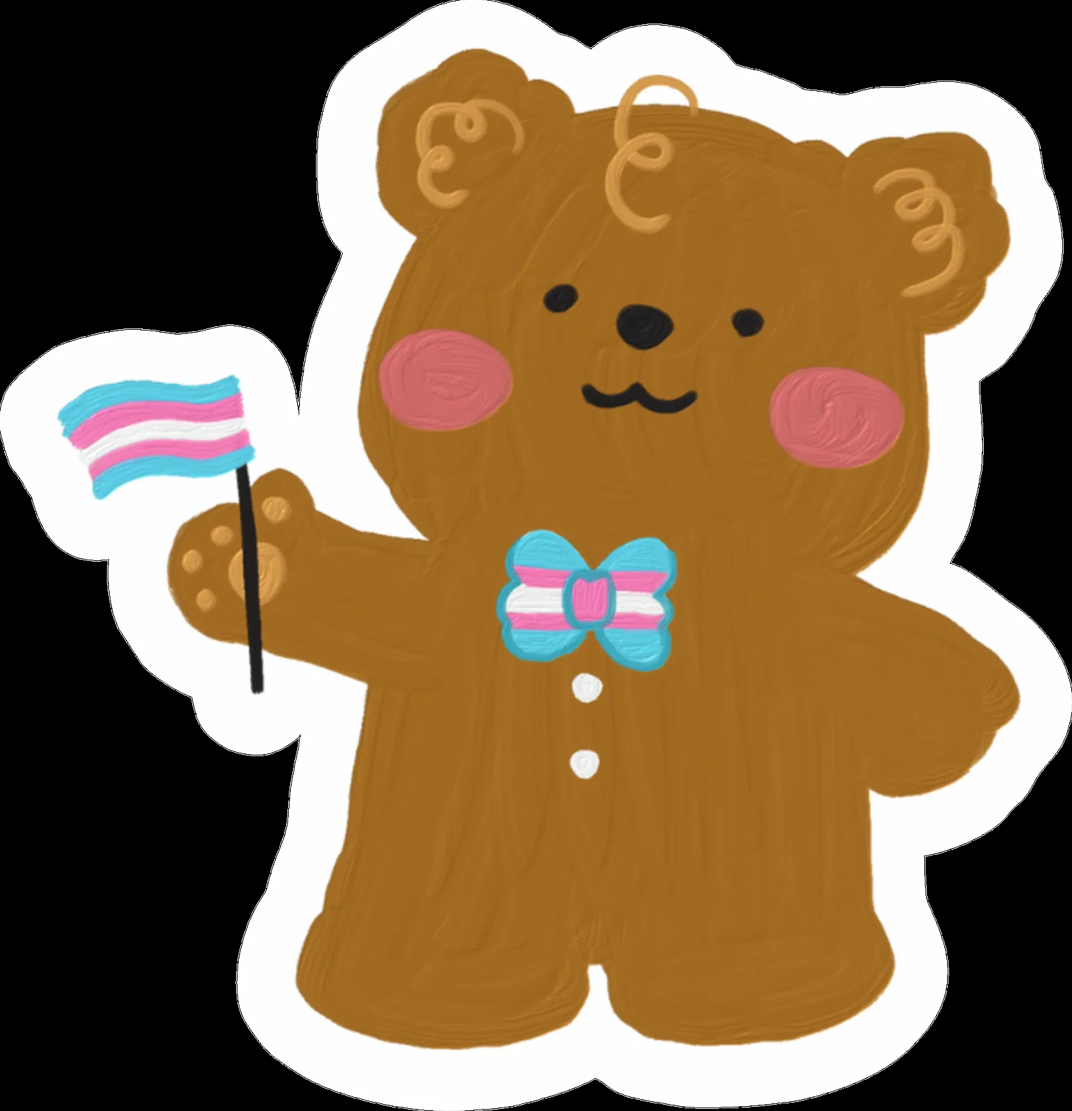 Teddy bear holding a trans flag sticker