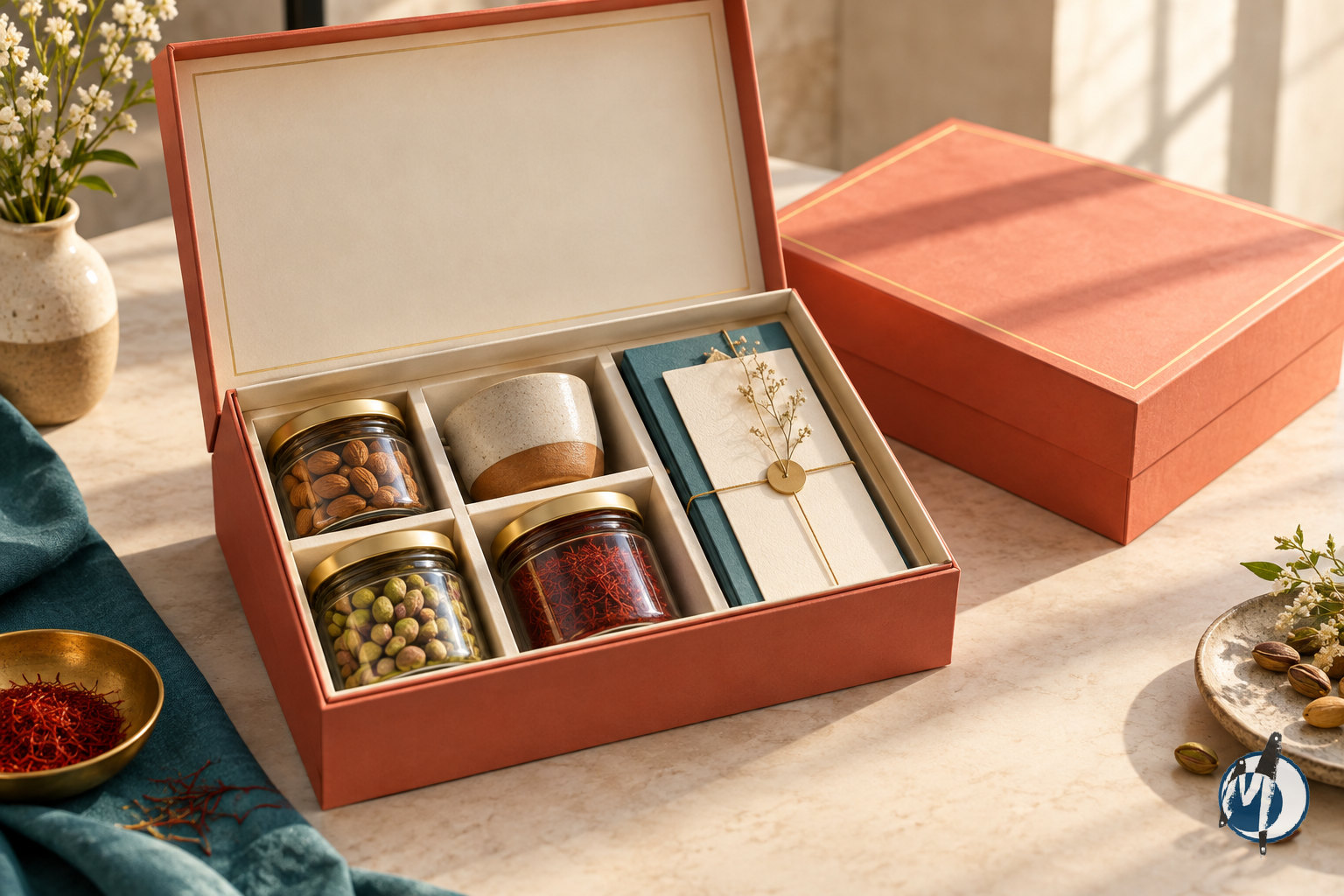 Luxury gift hamper packaging design with a coral rigid box, cream insert and neatly arranged gifts.