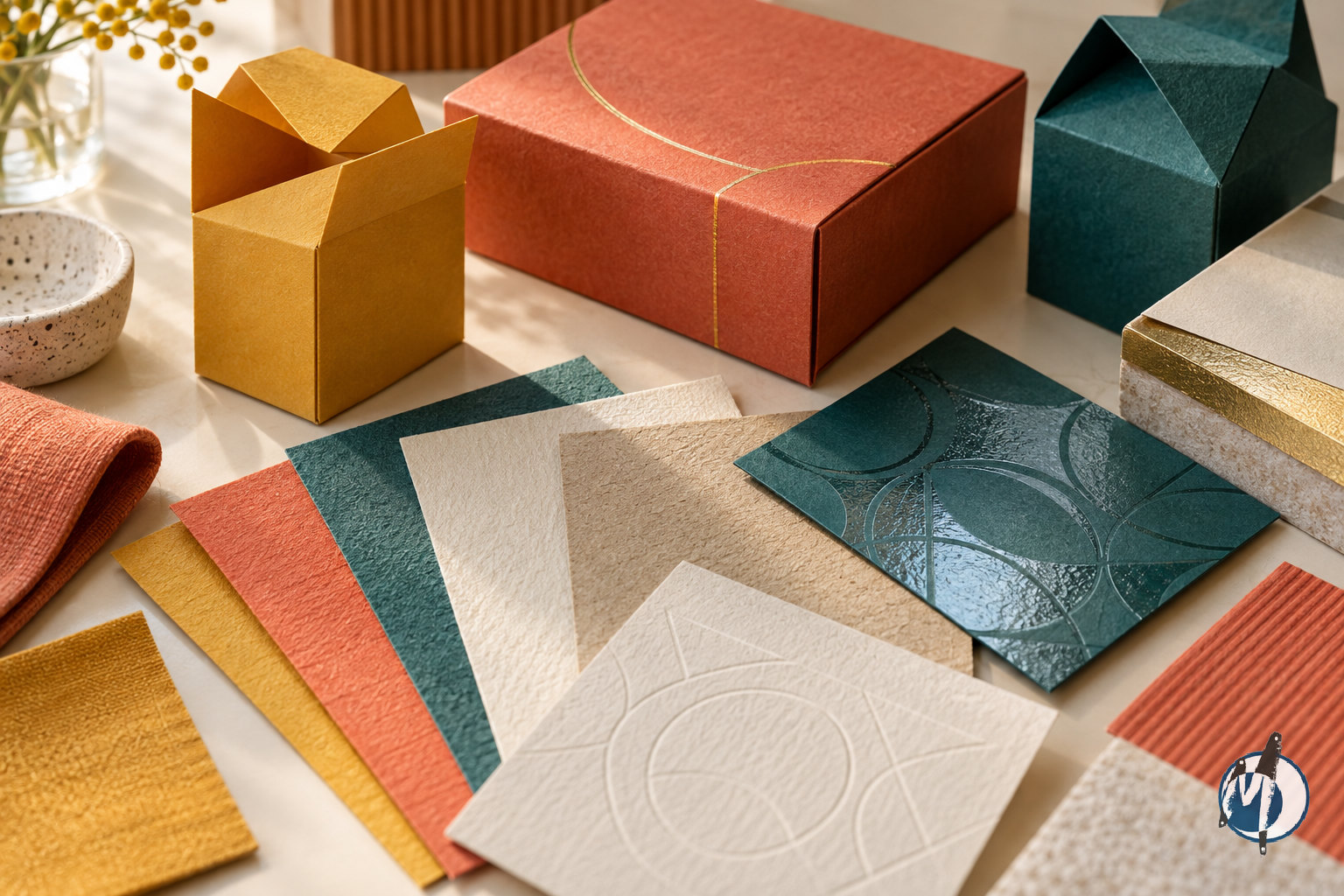 Luxury hamper packaging material samples showing textured paper, foil, embossing and selective gloss.