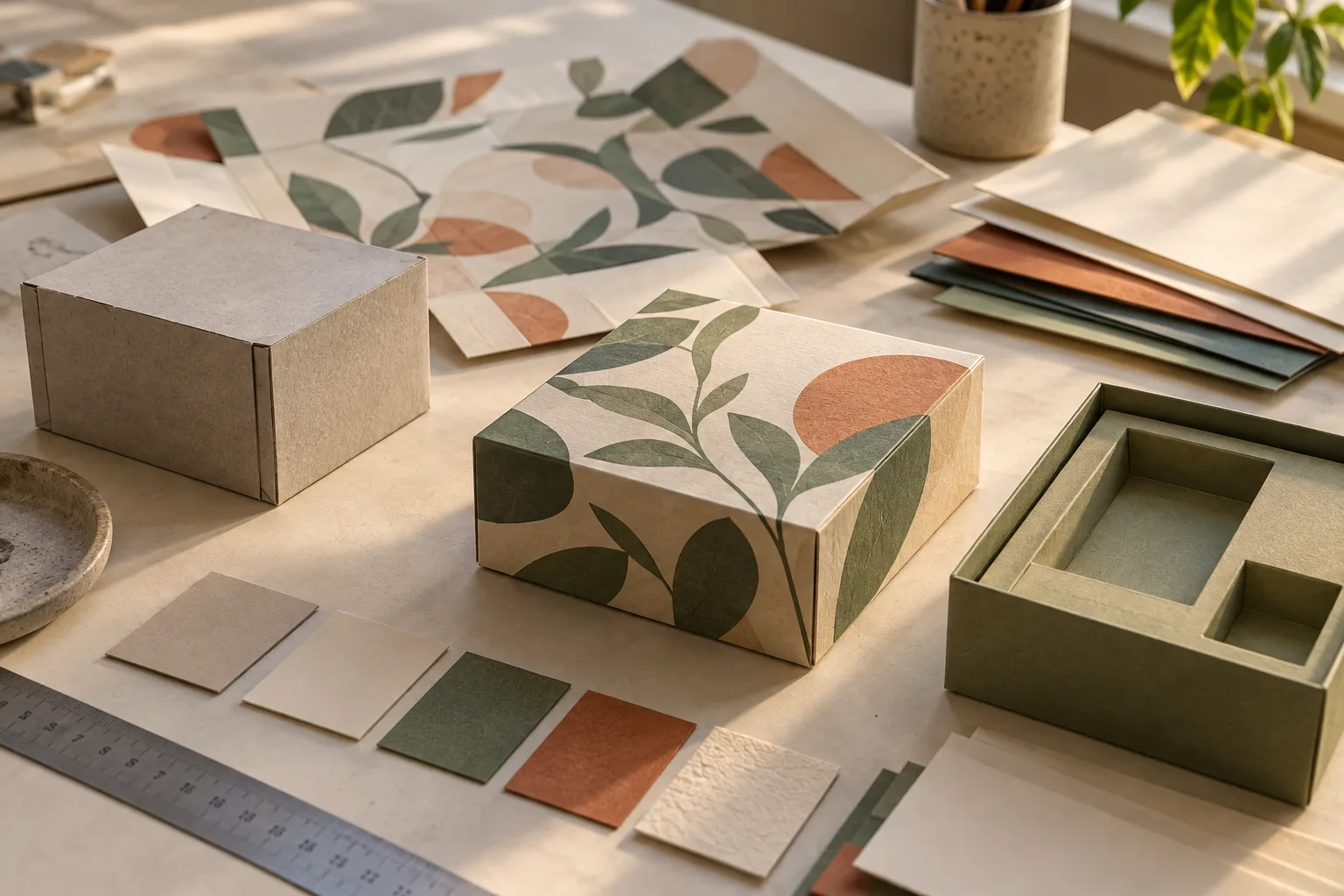Rigid box development materials showing a structural prototype, paper samples and finished packaging