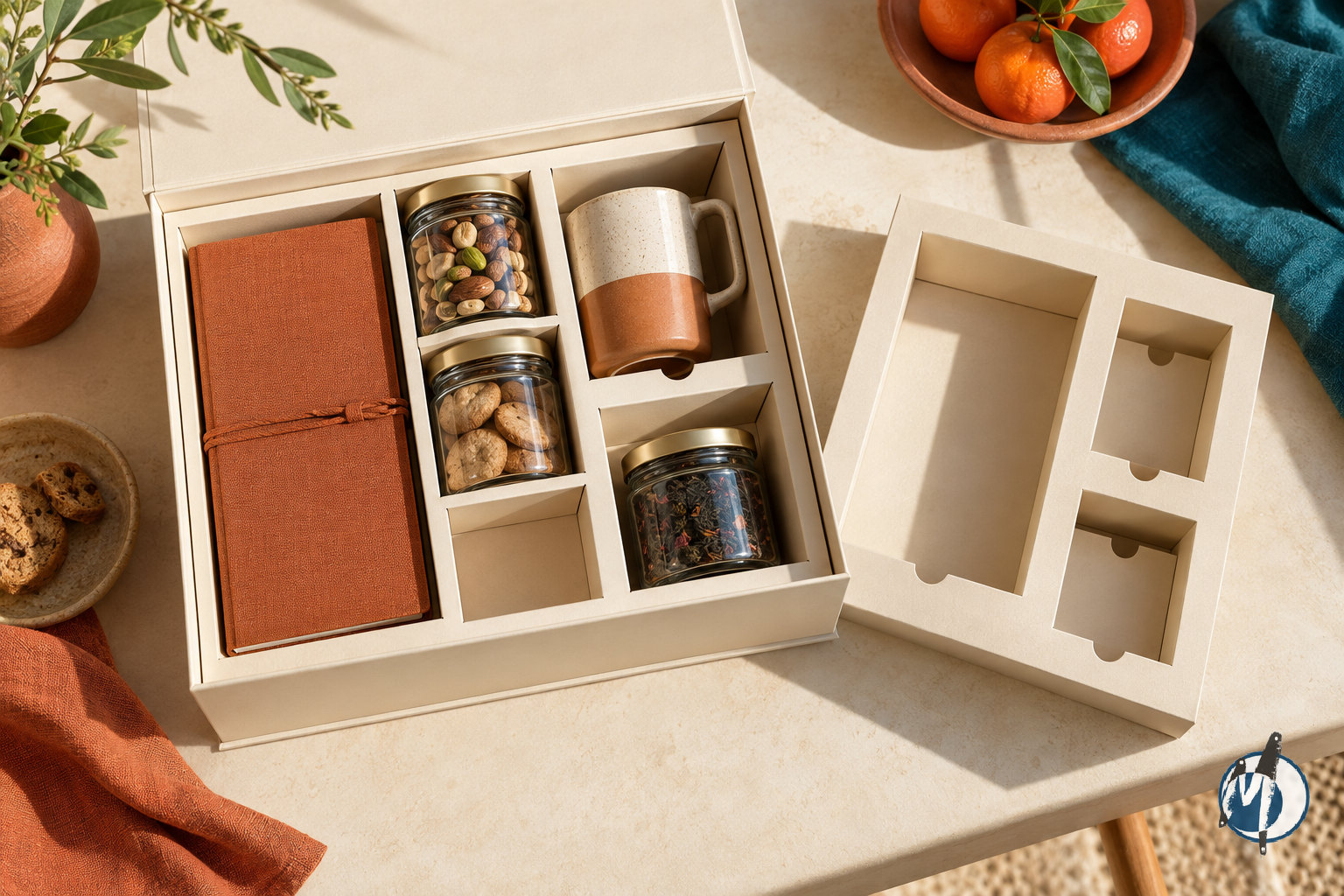 Custom paperboard hamper insert separating glass jars, ceramics and stationery inside a rigid gift box.