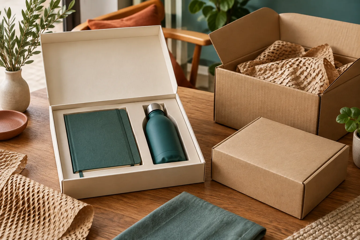 Custom welcome kit box with fitted inserts and an outer carton for employee dispatch