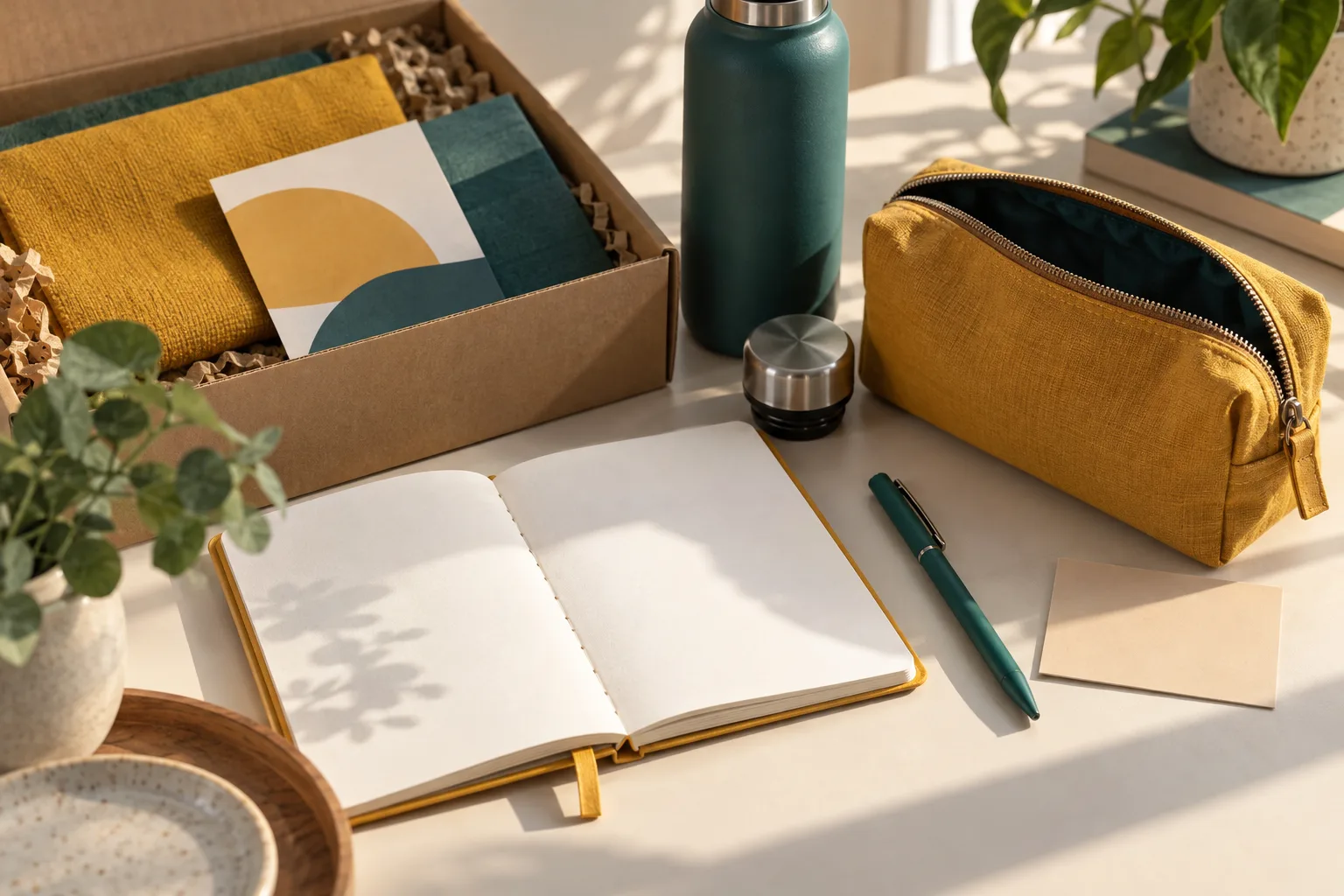 Employee welcome kit samples arranged for stationery, merchandise and packaging quality checks