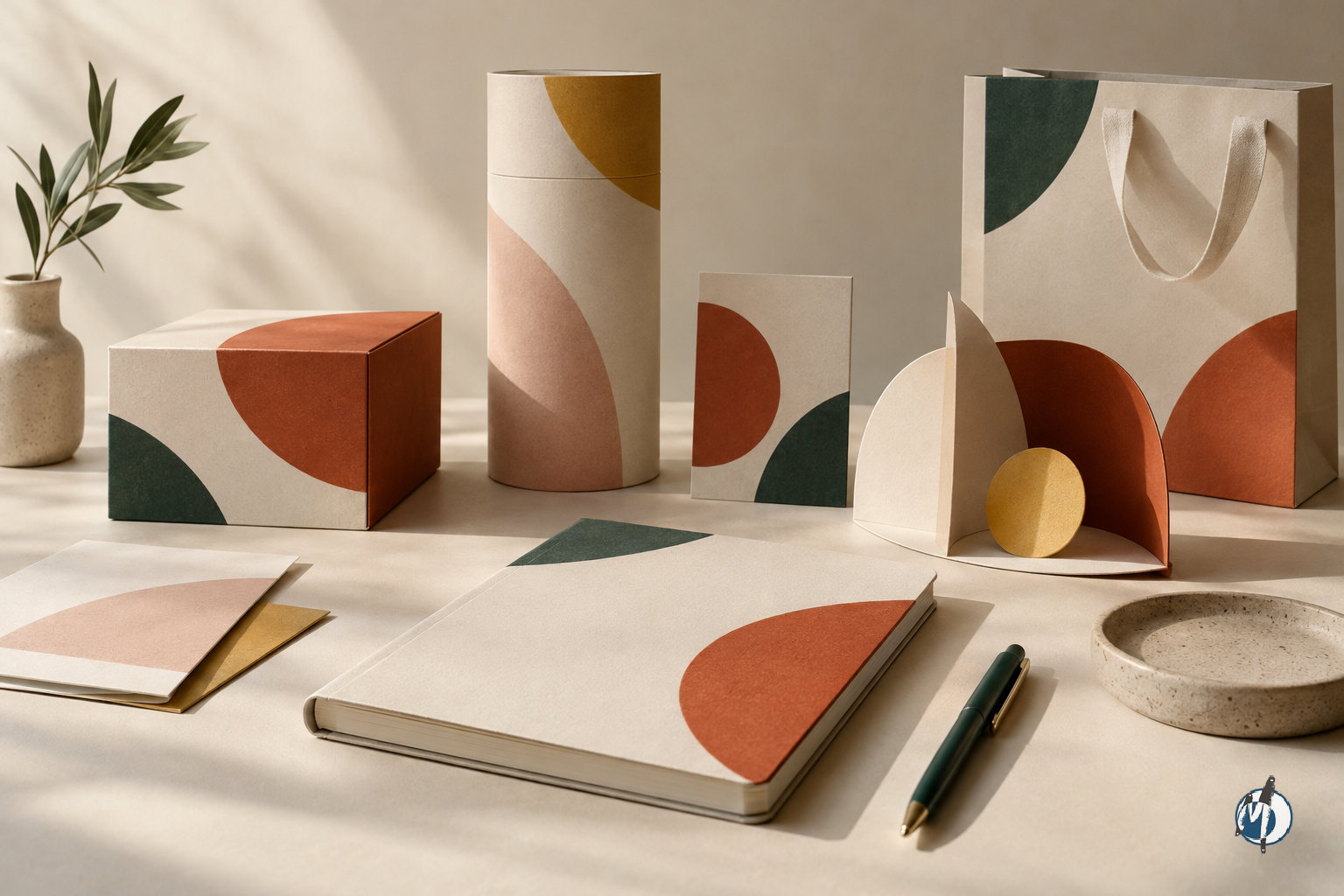 Coordinated stationery, packaging and paper installation showing a consistent visual identity.