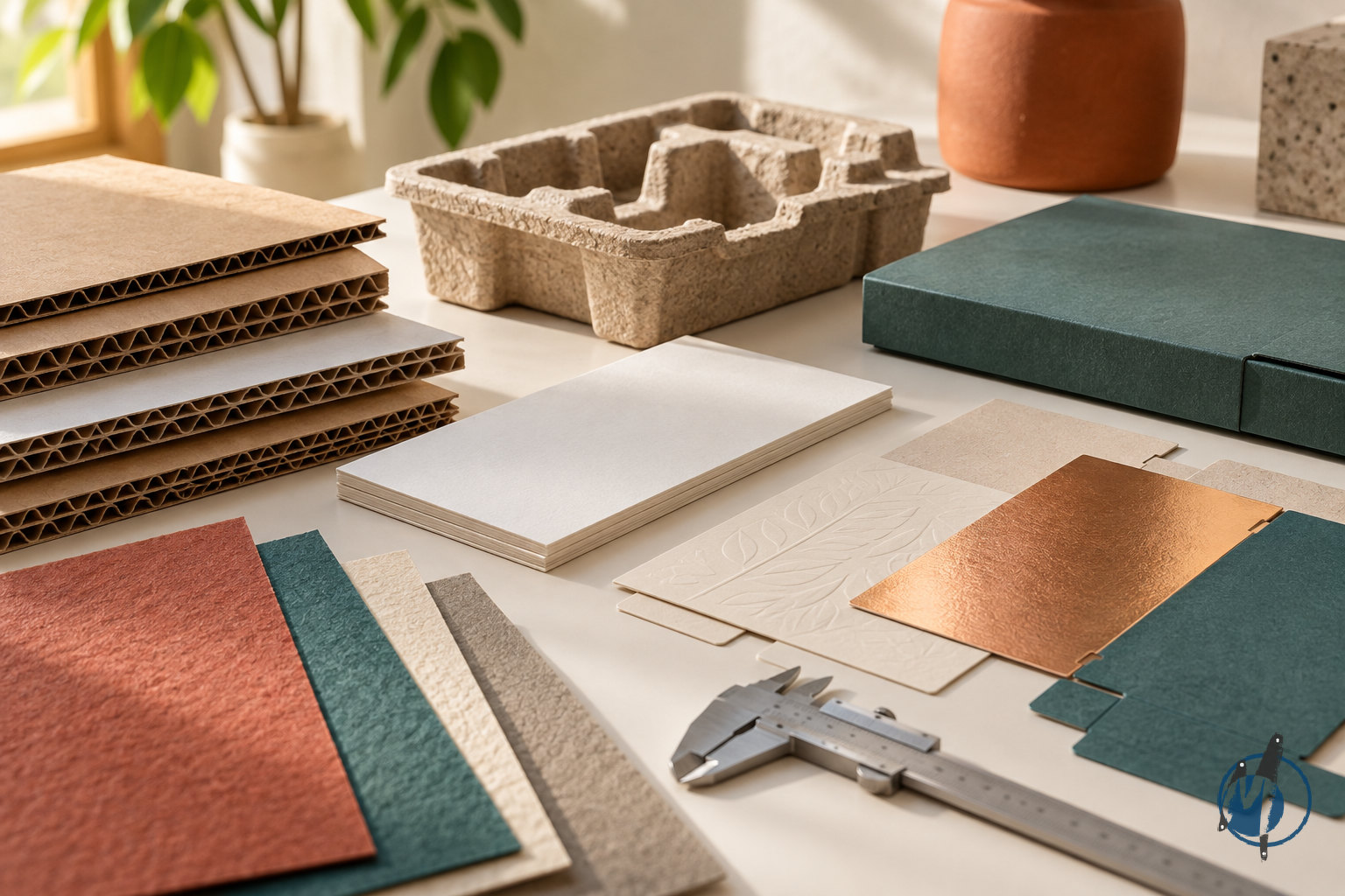 Paperboard, moulded fibre and decorative finish samples for a sustainable packaging specification