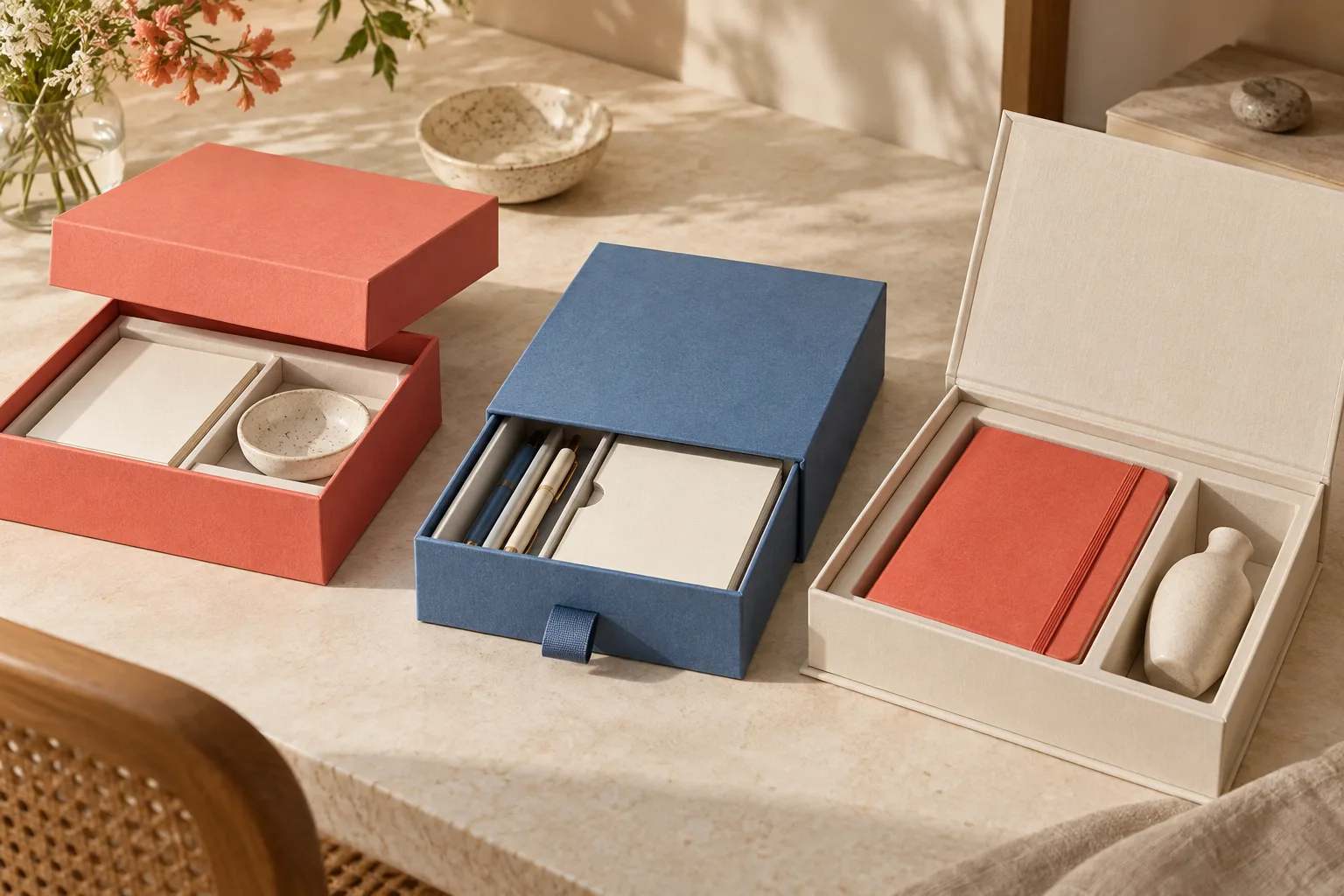 Lift-off lid, drawer and book-style rigid boxes with custom paper inserts