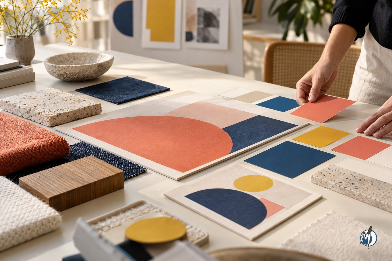 Visual identity concepts and material samples arranged for a startup agency review.