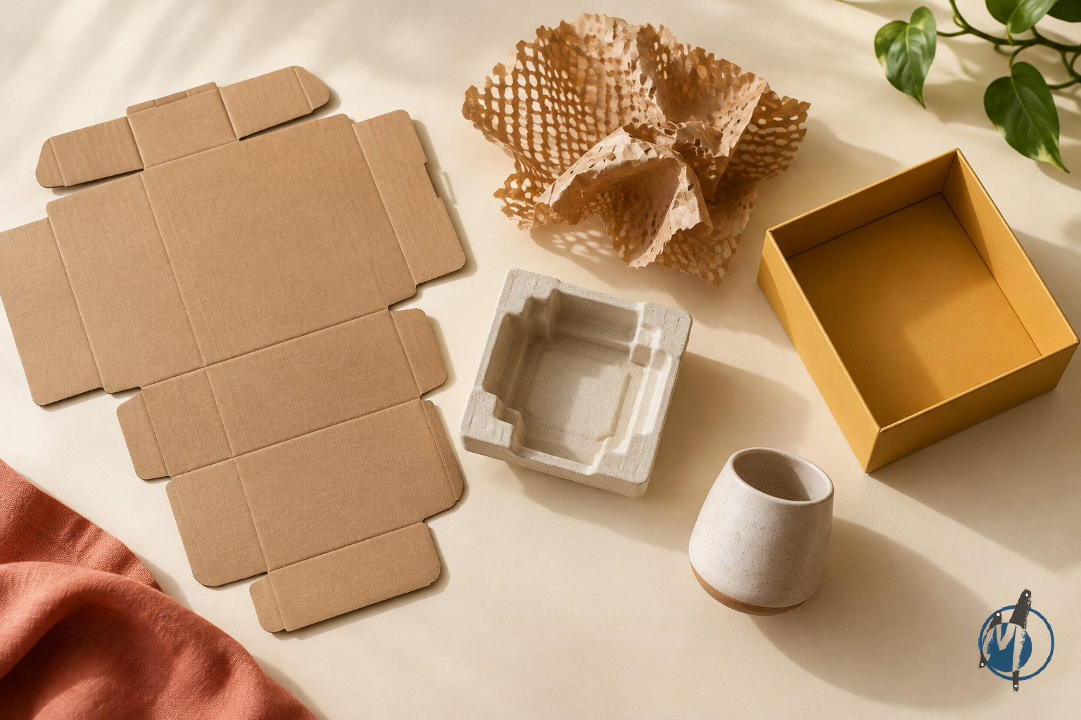 D2C packaging separated into a corrugated box, paper insert and paper cushioning