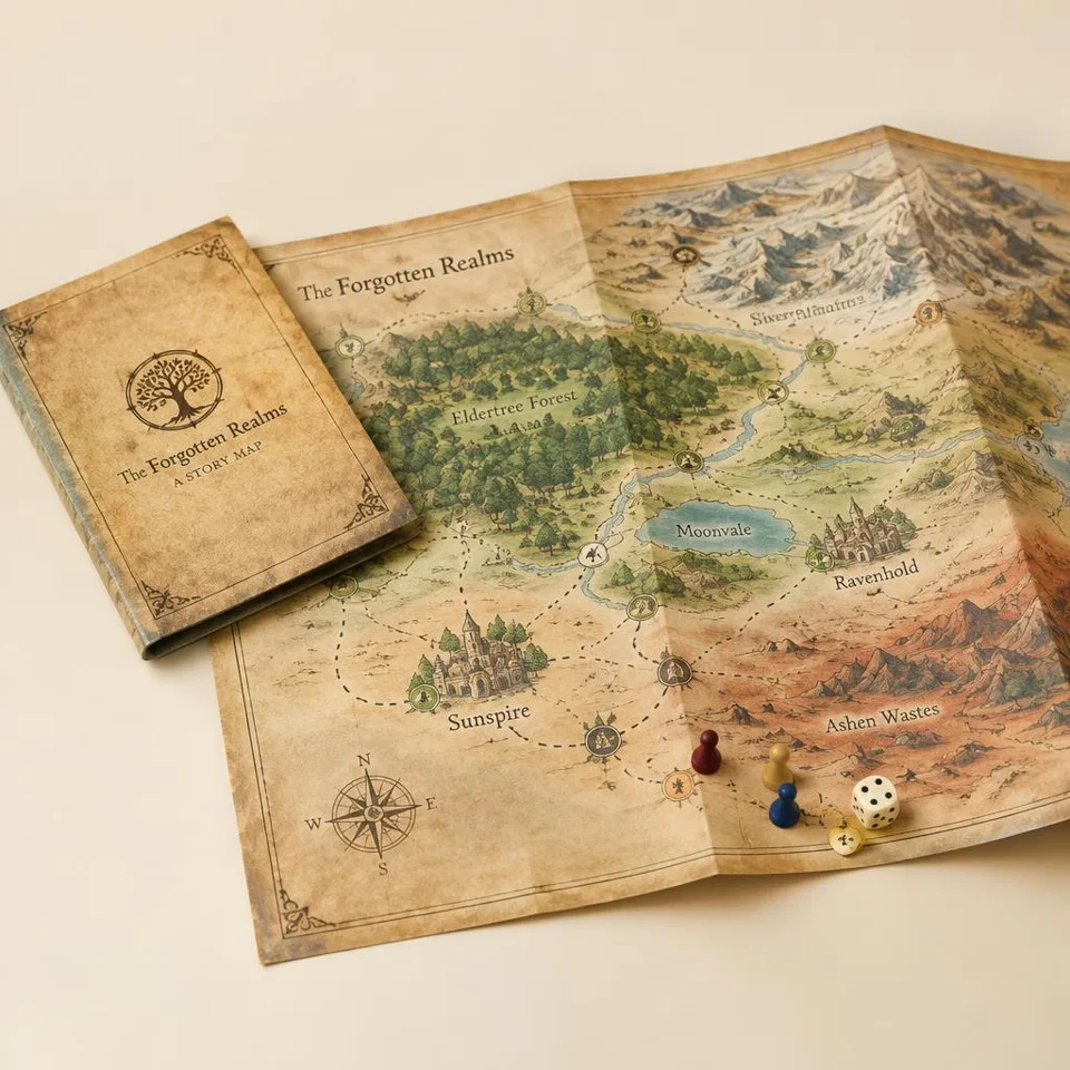Fold-out fantasy maps & game boards printed by Messketeers