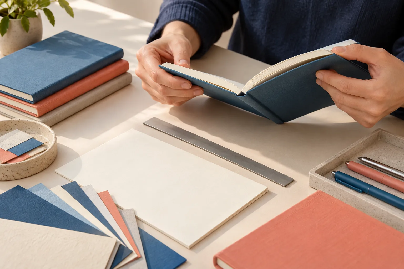 Physical notebook sample being checked for paper, binding and production quality