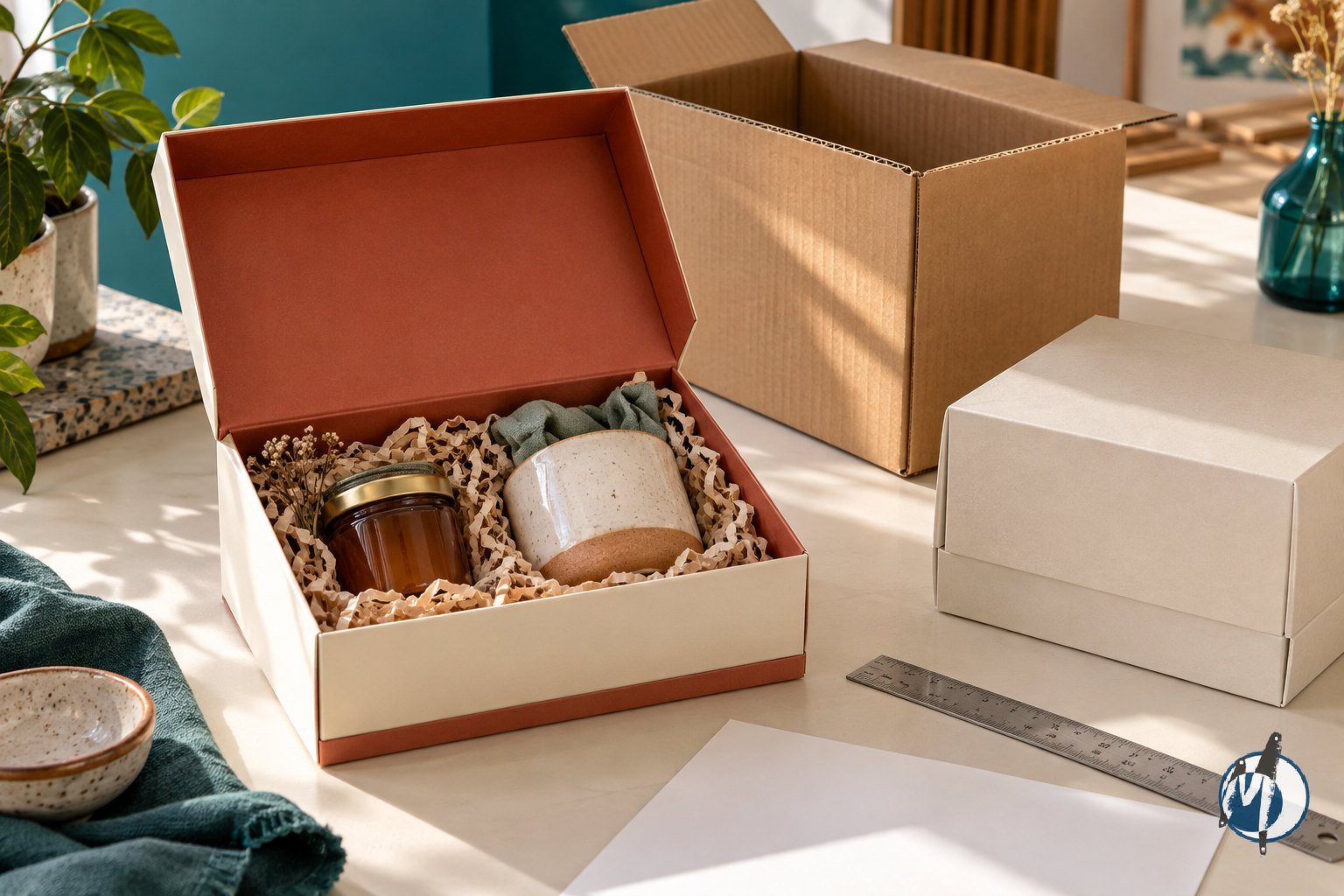 Luxury hamper box and protective shipping carton arranged for a fit and packaging quality review.