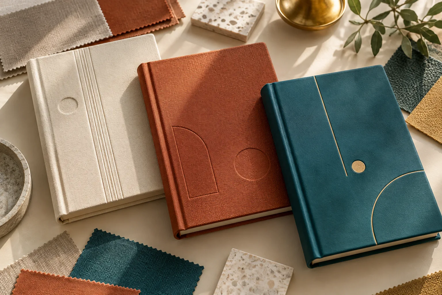 Diary cover materials with abstract debossed and foil details for comparing logo application finishes.