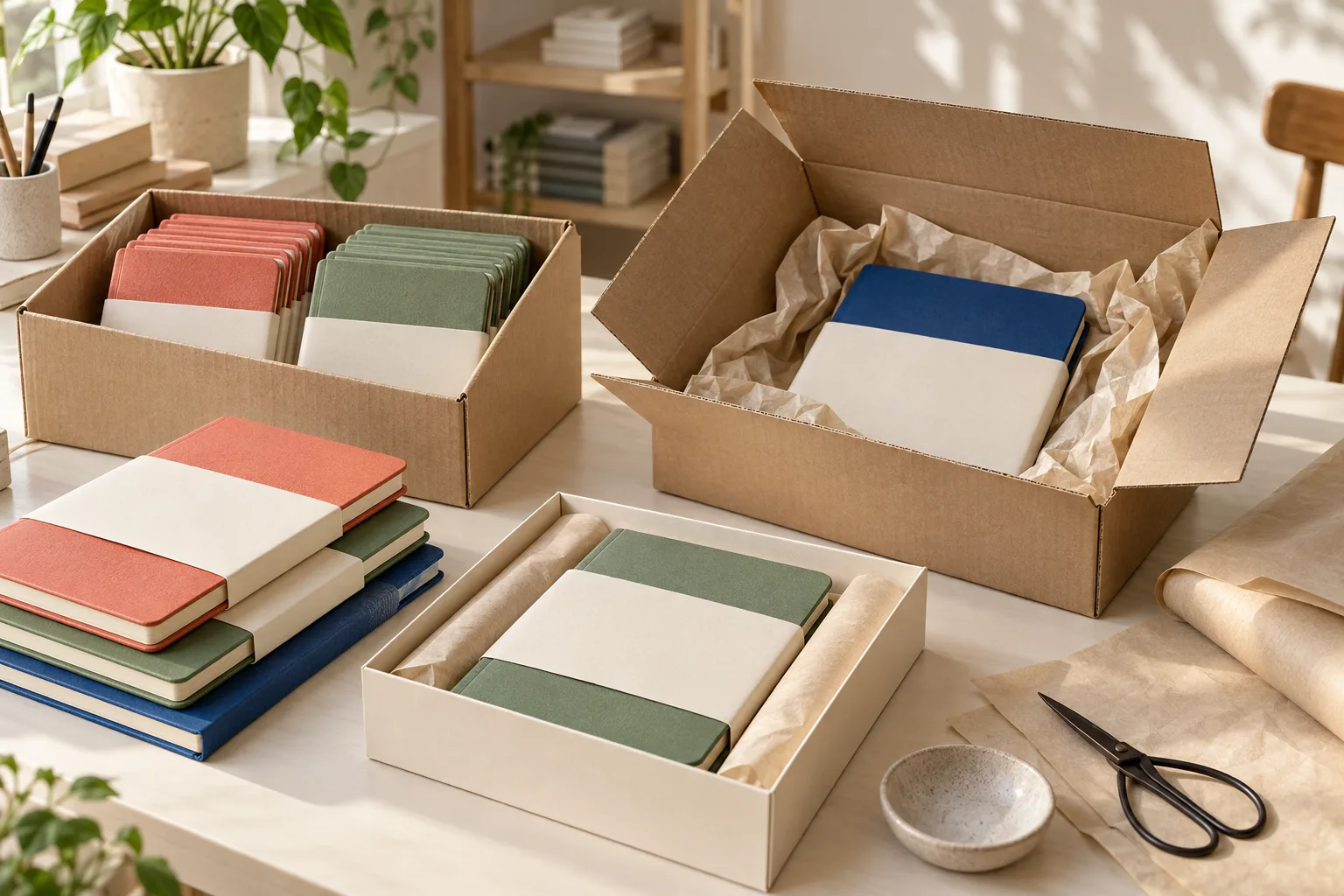 Custom notebooks packed in paper sleeves and cartons for bulk delivery