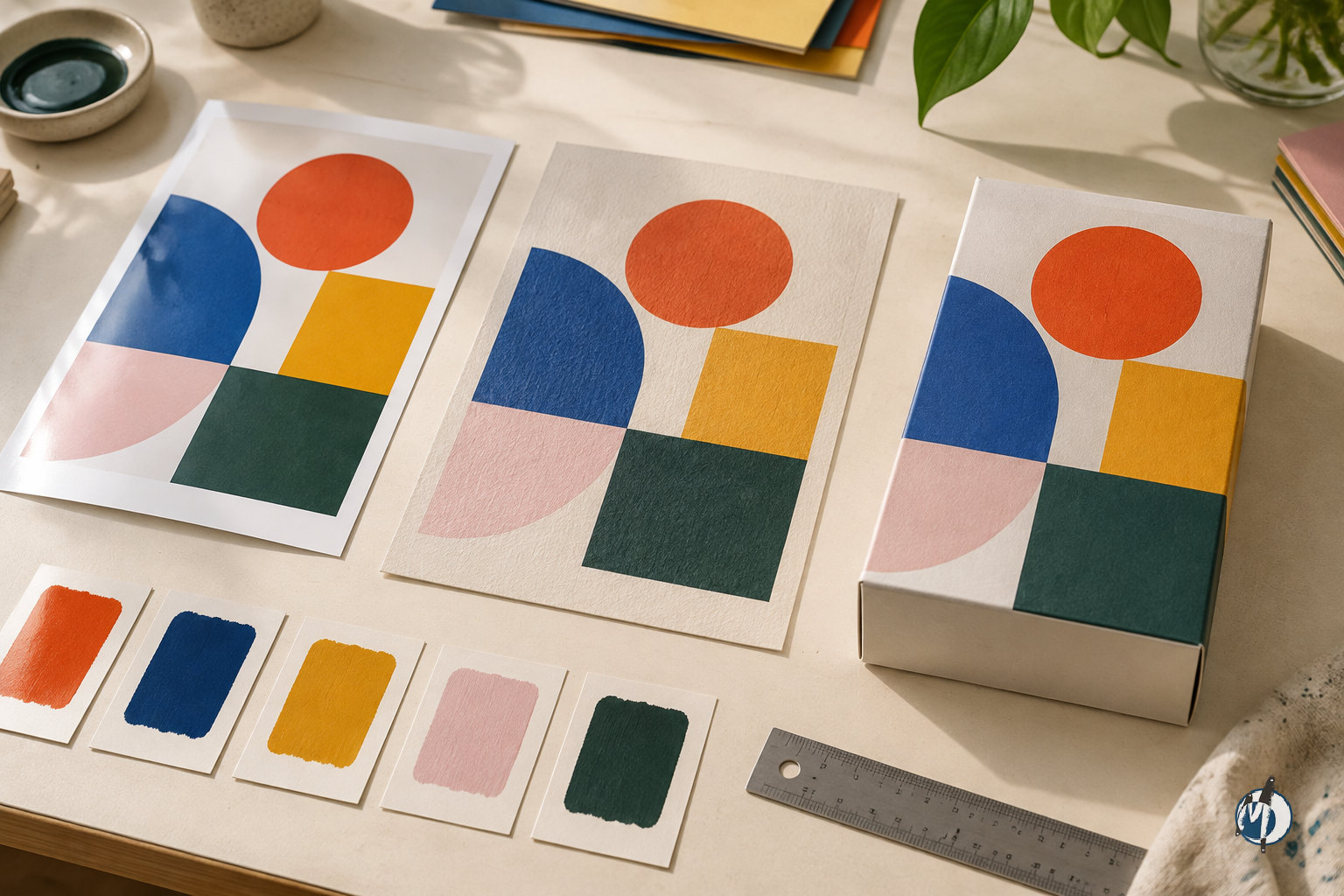 Colour and packaging tests on different paper materials for a startup visual identity.