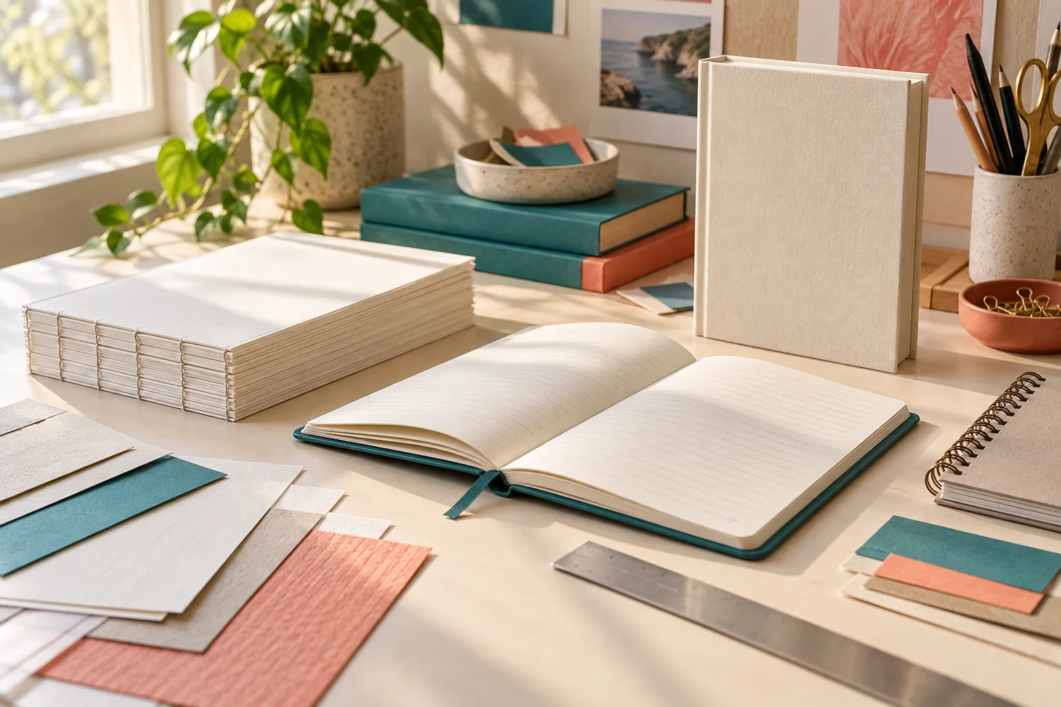 Custom diary samples showing paper, ruling and binding choices during pre-production review.