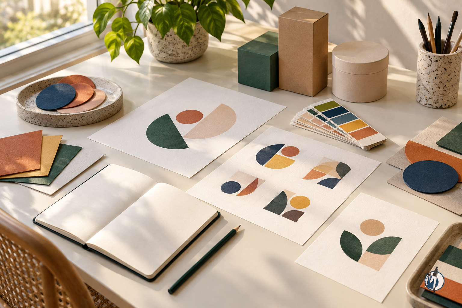 Startup brand identity design workspace with colour swatches, geometric studies and packaging prototypes.