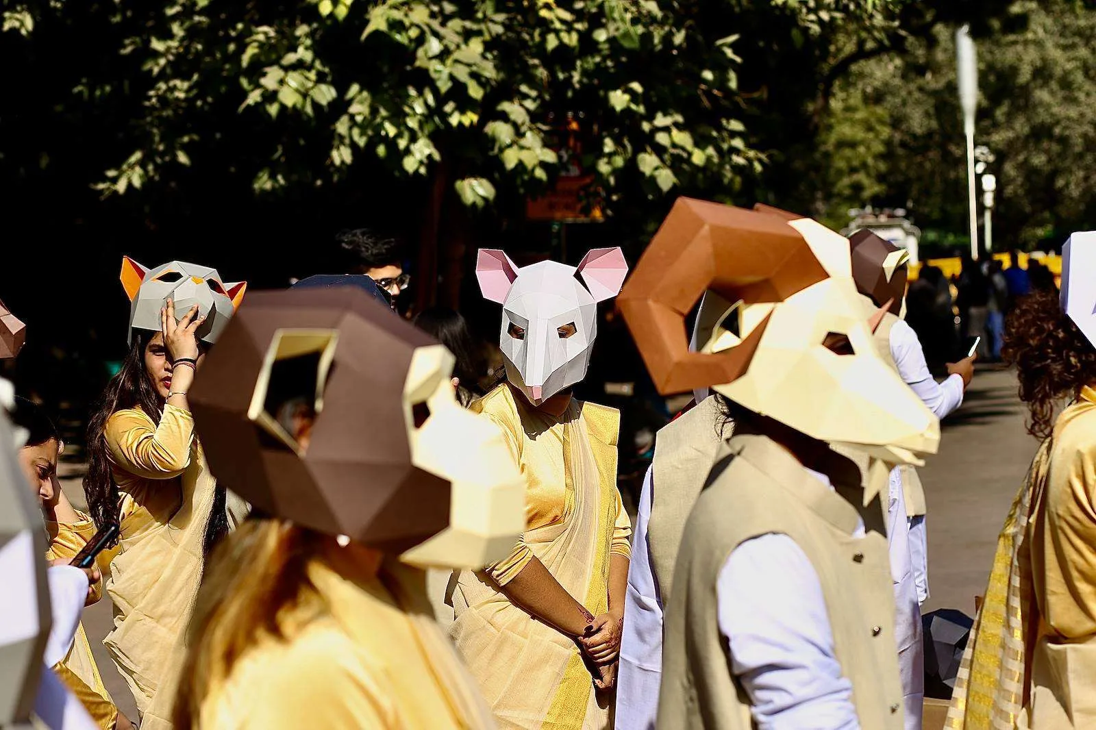 Rows of geometric paper animal masks