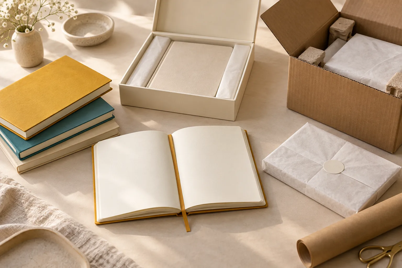 Corporate diaries with presentation packaging and protective shipping materials ready for quality inspection.