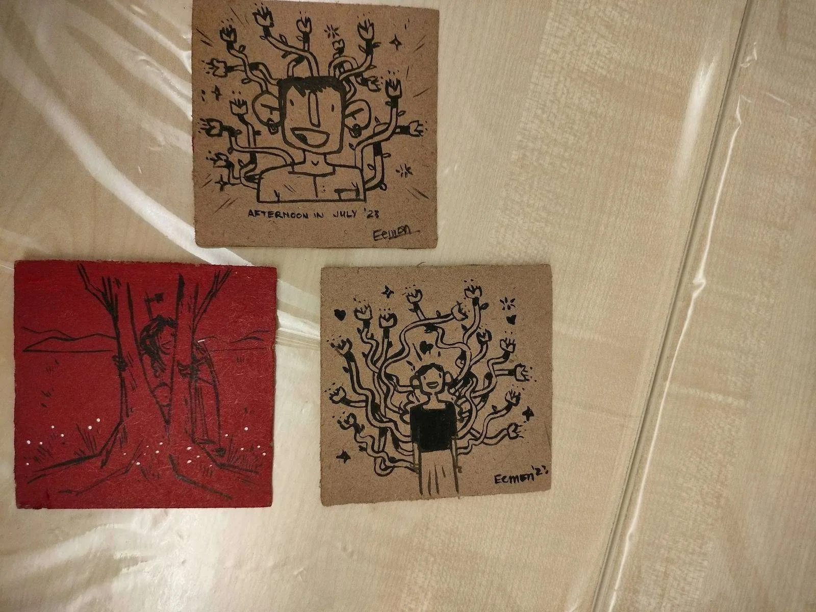 Warli-style painted coasters made at the Microsoft workshop